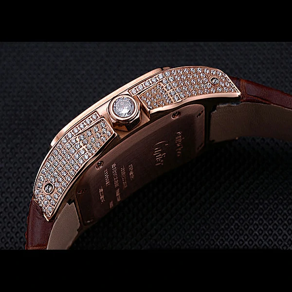 Cartier Santos Black Dial Diamonds Case Brown Leather Bracelet new60439