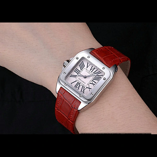 Cartier Santos White Dial Stainless Steel Case Red Leather Bracelet new60440