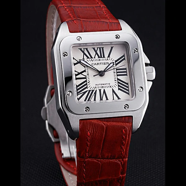 Cartier Santos White Dial Stainless Steel Case Red Leather Bracelet new60440