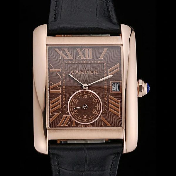 Cartier Tank MC Brown Dial Gold Case Black Leather Strap new60470