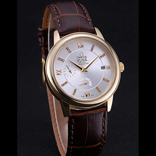 Omega DeVille Prestige Silver Dial Gold Case Diamonds Numerals Brown Leather Bracelet new60481