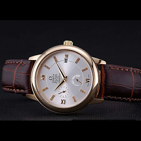 Omega DeVille Prestige Silver Dial Gold Case Diamonds Numerals Brown Leather Bracelet new60481