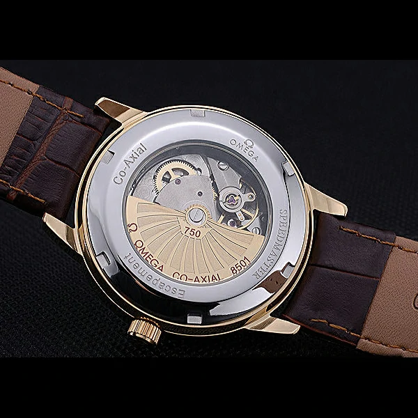 Omega DeVille Prestige Silver Dial Gold Case Diamonds Numerals Brown Leather Bracelet new60481