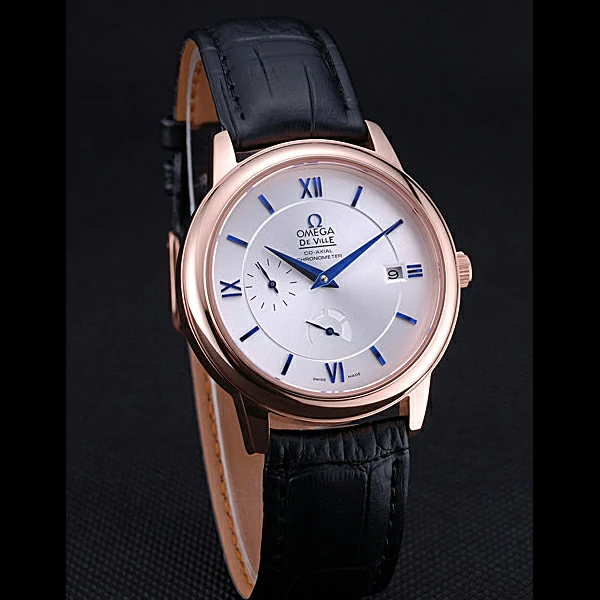 Omega DeVille Prestige Silver Dial Gold Case Black Leather Bracelet new60482