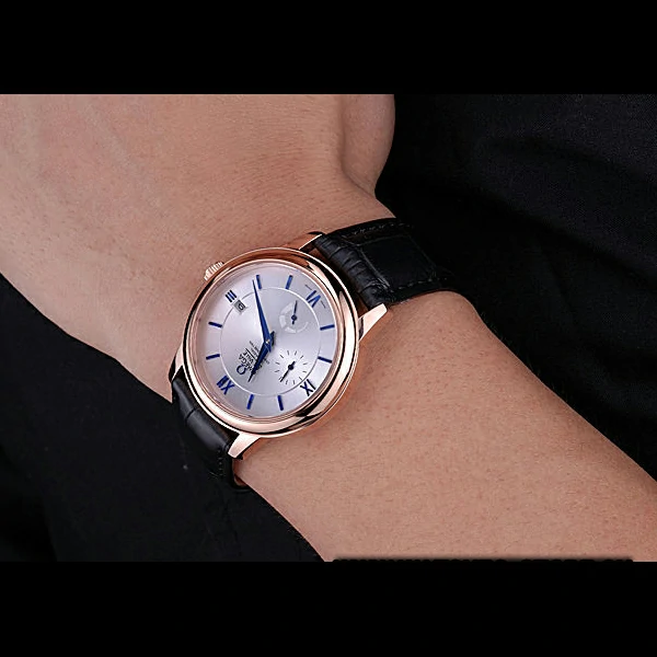 Omega DeVille Prestige Silver Dial Gold Case Black Leather Bracelet new60482