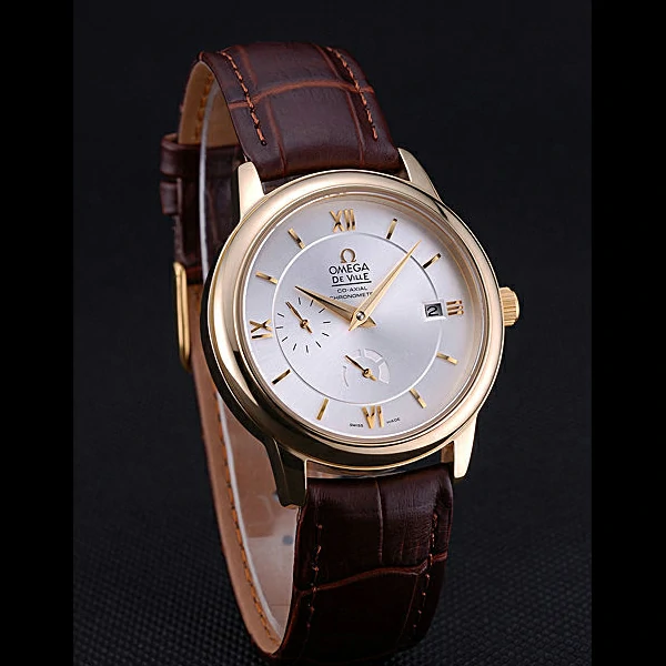 Omega DeVille Prestige Silver Dial Gold Case Brown Leather Bracelet new60483