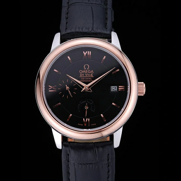 Omega DeVille Prestige Black Dial Gold Case Black Leather Bracelet new60485