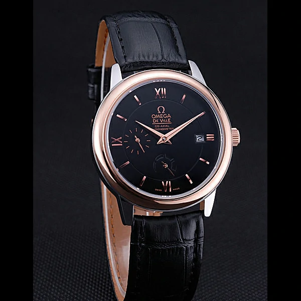 Omega DeVille Prestige Black Dial Gold Case Black Leather Bracelet new60485