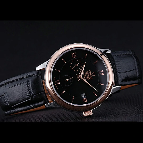 Omega DeVille Prestige Black Dial Gold Case Black Leather Bracelet new60485