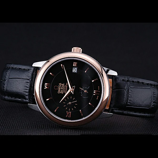 Omega DeVille Prestige Black Dial Gold Case Black Leather Bracelet new60485