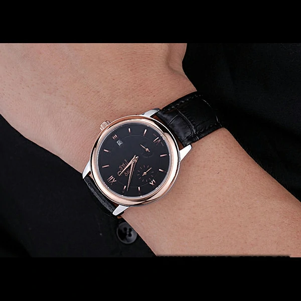 Omega DeVille Prestige Black Dial Gold Case Black Leather Bracelet new60485