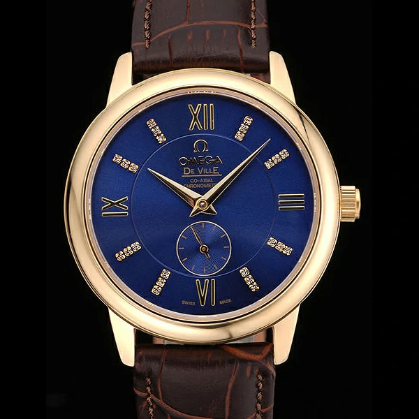 Omega DeVille Prestige Small Seconds Blue Dial Gold Case Brown Leather Bracelet new60489