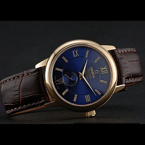 Omega DeVille Prestige Small Seconds Blue Dial Gold Case Brown Leather Bracelet new60489
