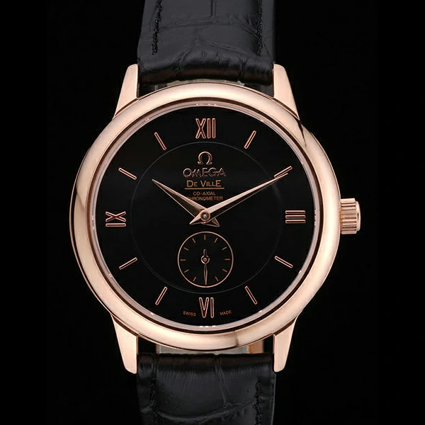 Omega DeVille Prestige Small Seconds Black Dial Gold Case Black Leather Bracelet new60490