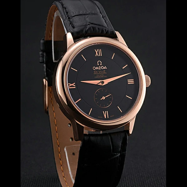 Omega DeVille Prestige Small Seconds Black Dial Gold Case Black Leather Bracelet new60490