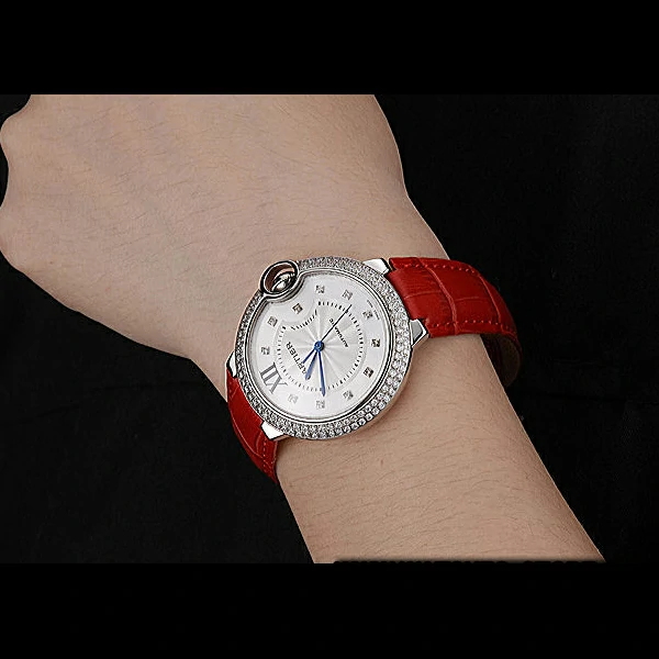 Ballon Blue de Cartier Diamond Steel Case Diamond Dial Red Leather Bracelet new60534