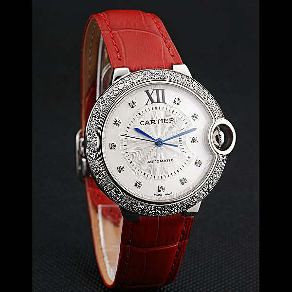 Ballon Blue de Cartier Diamond Steel Case Diamond Dial Red Leather Bracelet new60534