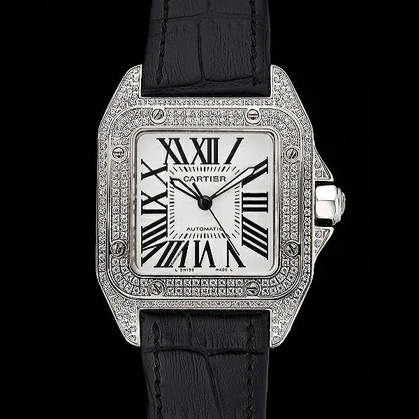 Cartier Santos Dumont Diamond Case White Dial Roman Numerals Black Leather Bracelet new60536