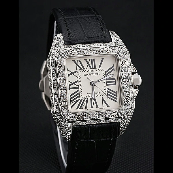 Cartier Santos Dumont Diamond Case White Dial Roman Numerals Black Leather Bracelet new60536