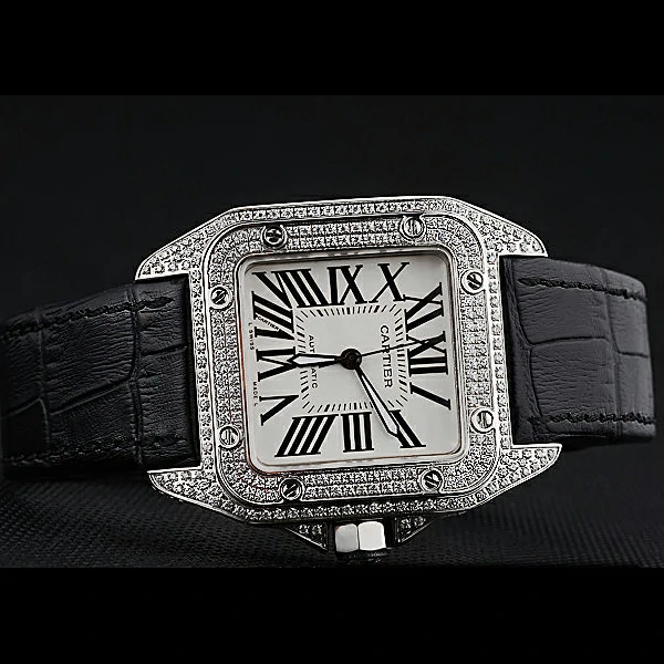 Cartier Santos Dumont Diamond Case White Dial Roman Numerals Black Leather Bracelet new60536