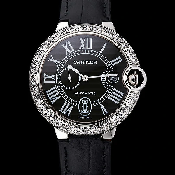 Cartier Ballon Bleu Diamond Case Black Dial Black Leather Bracelet new60603