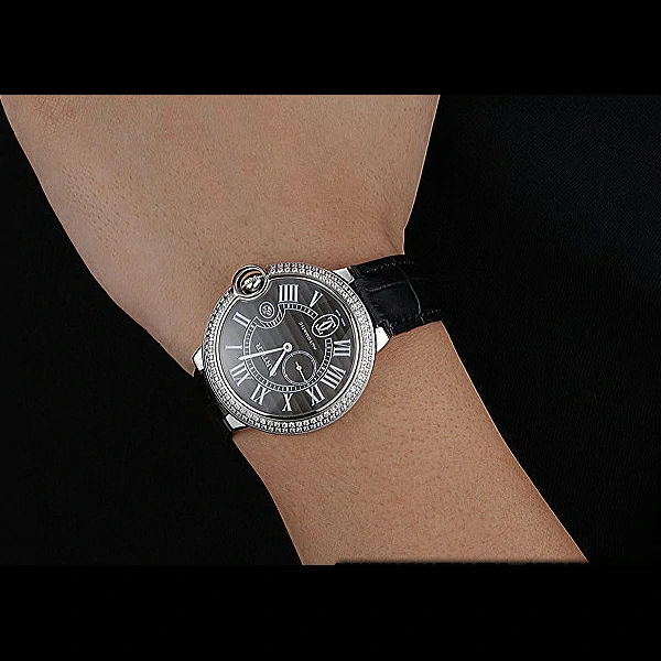 Cartier Ballon Bleu Diamond Case Black Dial Black Leather Bracelet new60603
