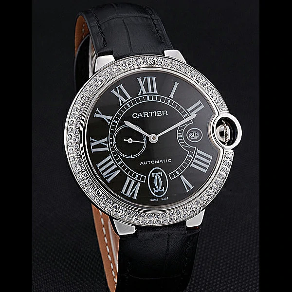 Cartier Ballon Bleu Diamond Case Black Dial Black Leather Bracelet new60603