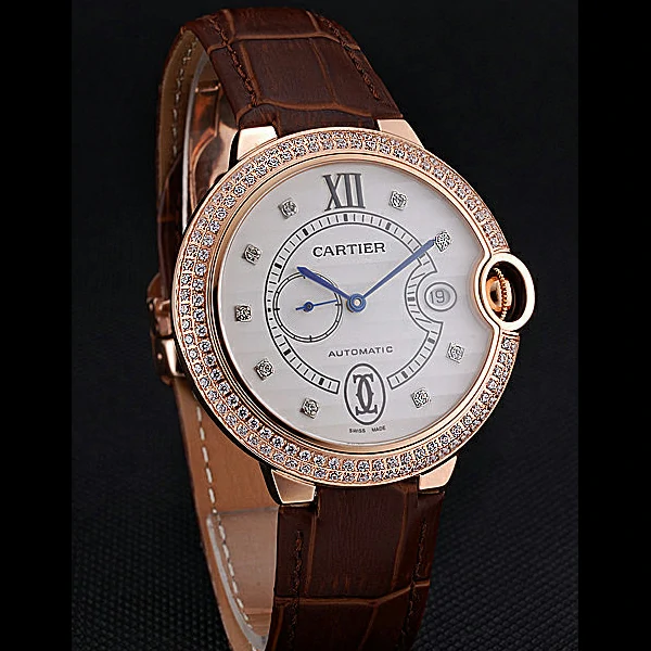 Cartier Ballon Bleu Diamond Case White Dial Brown Leather Bracelet new60604