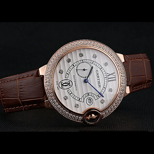 Cartier Ballon Bleu Diamond Case White Dial Brown Leather Bracelet new60604