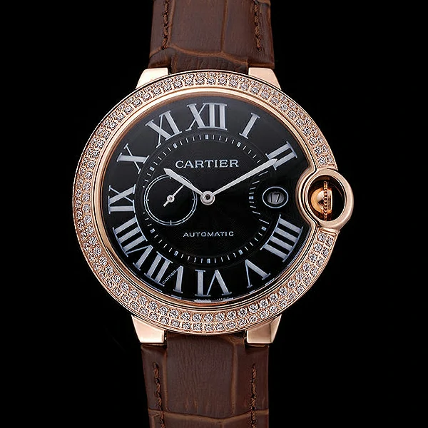 Cartier Ballon Bleu Diamond Case Black Dial Brown Leather Bracelet new60605