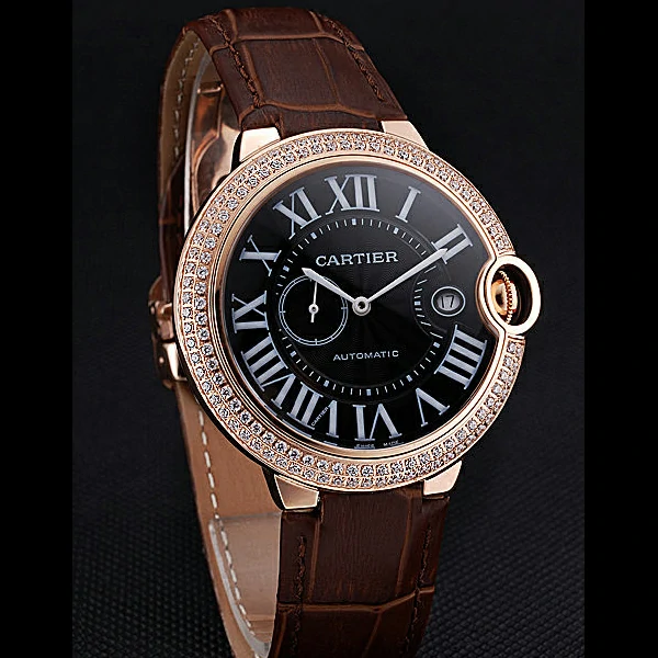 Cartier Ballon Bleu Diamond Case Black Dial Brown Leather Bracelet new60605