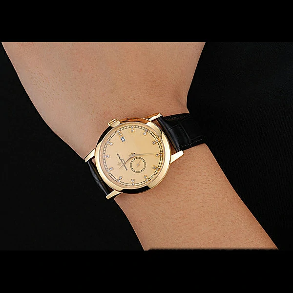 Vacheron Constantin Patrimony Contemporaine Gold Case Gold Diamond Dial Black Leather new60607