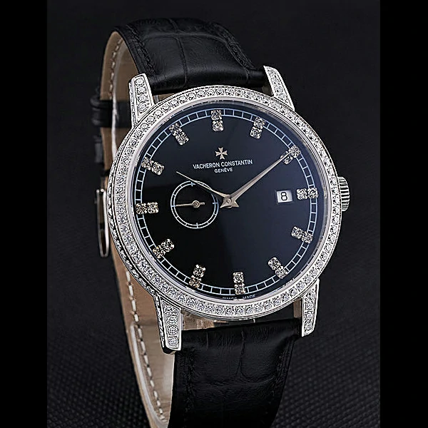 Vacheron Constantin Patrimony Contemporaine Steel Diamond Case Black Dial Black Leather new60610