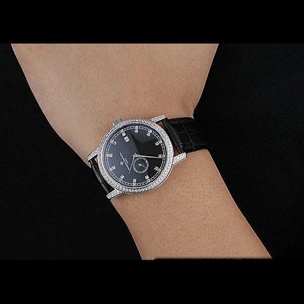 Vacheron Constantin Patrimony Contemporaine Steel Diamond Case Black Dial Black Leather new60610