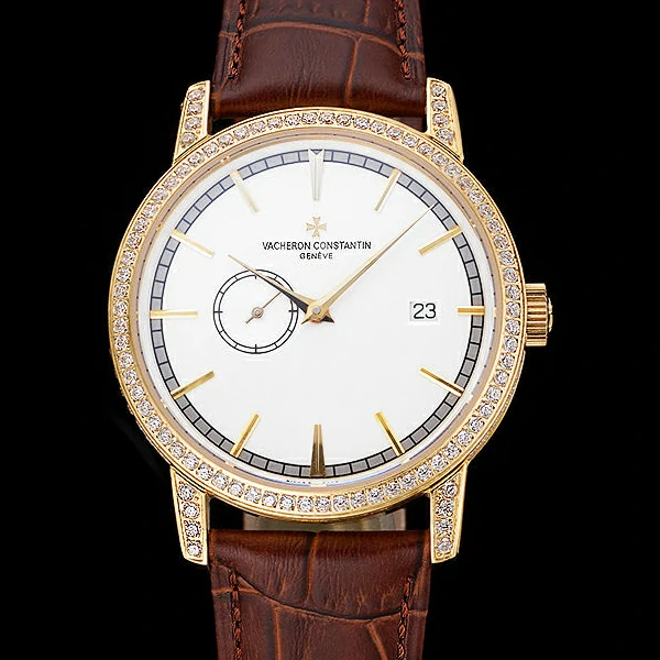 Vacheron Constantin Patrimony Contemporaine Gold Diamond Case White Dial Brown Leather new60611
