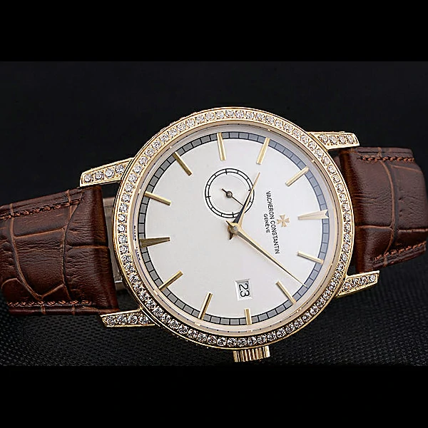 Vacheron Constantin Patrimony Contemporaine Gold Diamond Case White Dial Brown Leather new60611