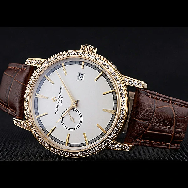 Vacheron Constantin Patrimony Contemporaine Gold Diamond Case White Dial Brown Leather new60611