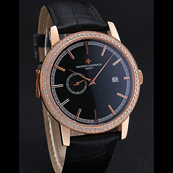 Vacheron Constantin Patrimony Contemporaine Gold Diamond Case Black Dial Black Leather new60612