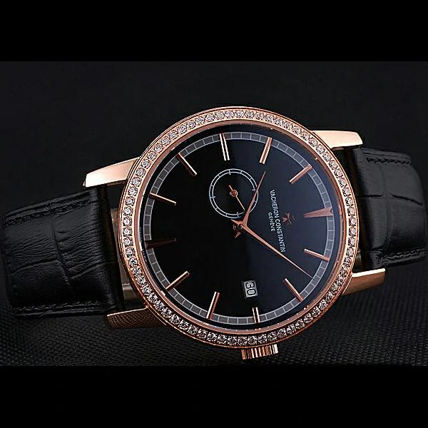 Vacheron Constantin Patrimony Contemporaine Gold Diamond Case Black Dial Black Leather new60612