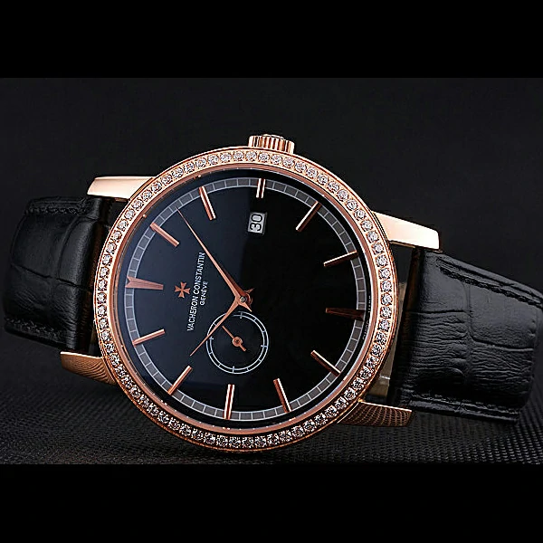 Vacheron Constantin Patrimony Contemporaine Gold Diamond Case Black Dial Black Leather new60612