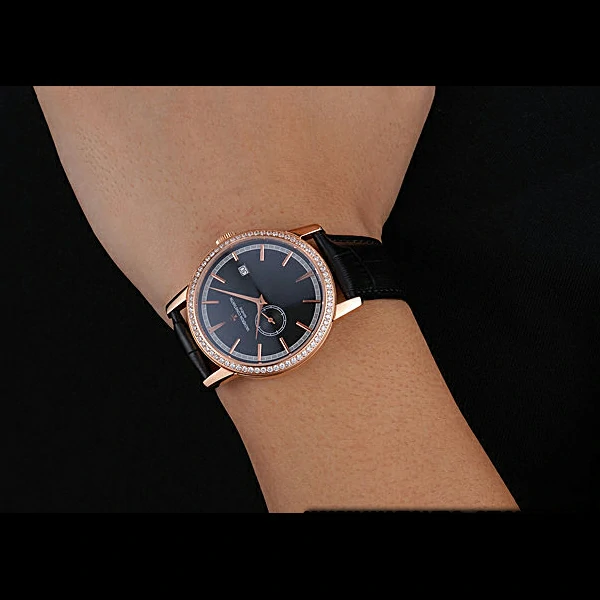 Vacheron Constantin Patrimony Contemporaine Gold Diamond Case Black Dial Black Leather new60612