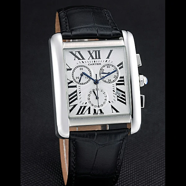 Cartier Tank MC White Dial Stainless Steel Case Black Leather Bracelet new60615