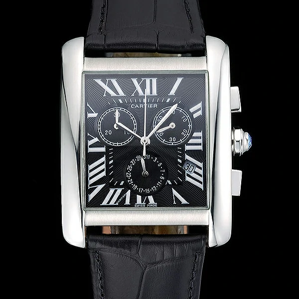 Cartier Tank MC Black Dial Stainless Steel Case Black Leather Bracelet new60616