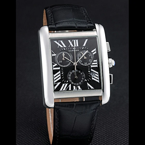 Cartier Tank MC Black Dial Stainless Steel Case Black Leather Bracelet new60616