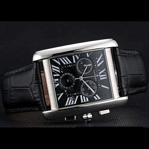 Cartier Tank MC Black Dial Stainless Steel Case Black Leather Bracelet new60616