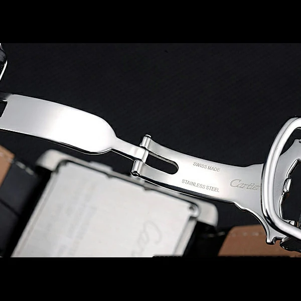 Cartier Tank MC Black Dial Stainless Steel Case Black Leather Bracelet new60616