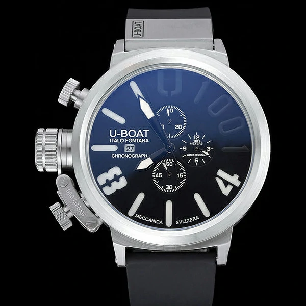 U Boat 1001 White On Black Dial Stainless Steel Case Rubber Bracelet new60632
