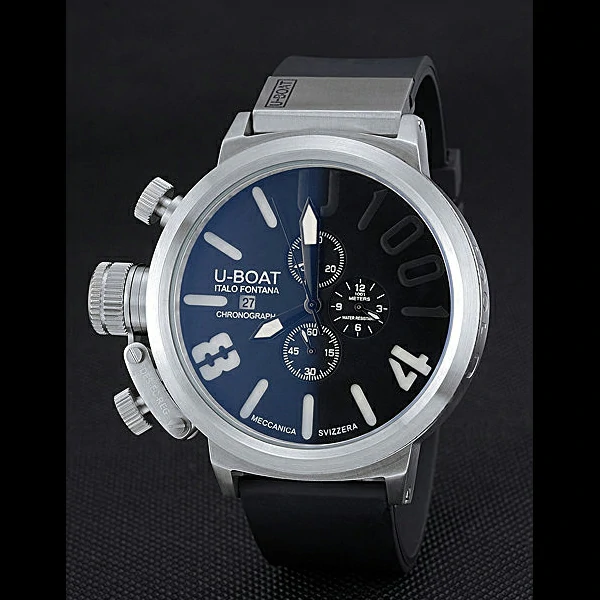 U Boat 1001 White On Black Dial Stainless Steel Case Rubber Bracelet new60632