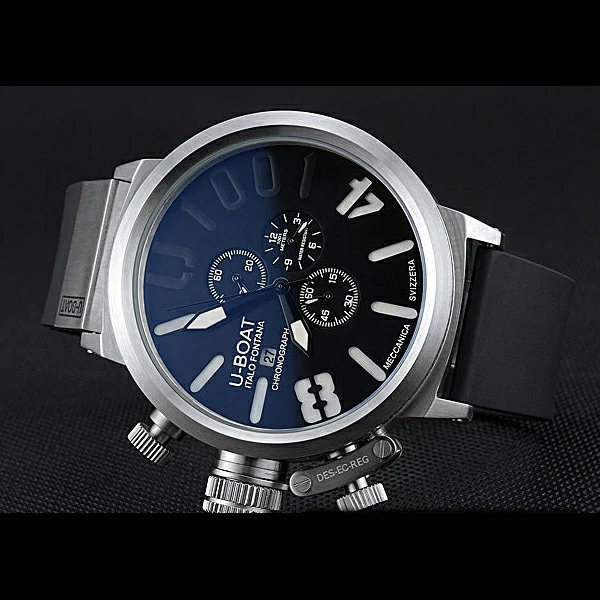 U Boat 1001 White On Black Dial Stainless Steel Case Rubber Bracelet new60632
