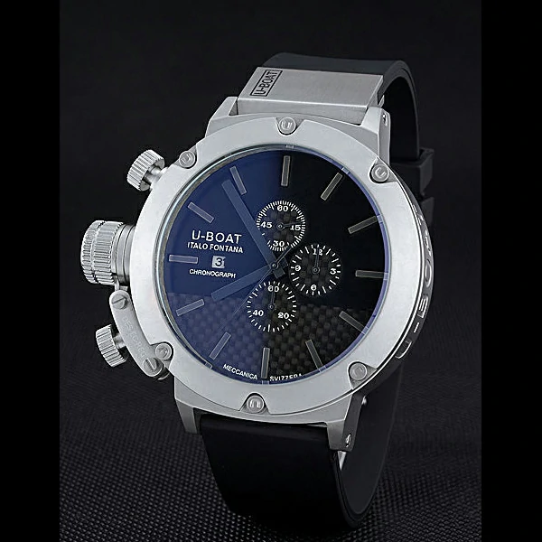 U Boat Italo Fontana Black Carbon Dial Grey Hour Marks Stainless Steel Case Rubber Bracelet new60633